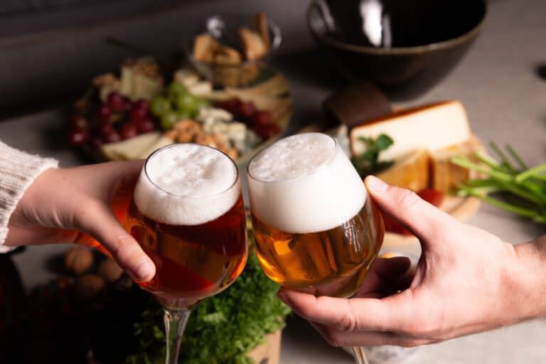 Home Two people clinking beer glasses over a cheese platter, creating a festive atmosphere.
